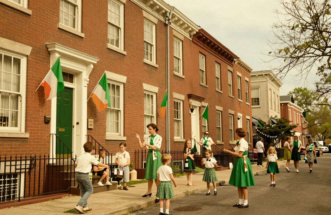 An Irish-American neighborhood celebration in Boston with green bunting and flags