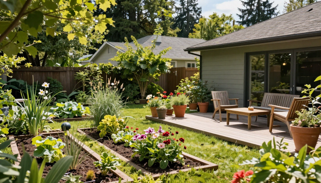 Lush backyard garden with raised beds and a cozy patio