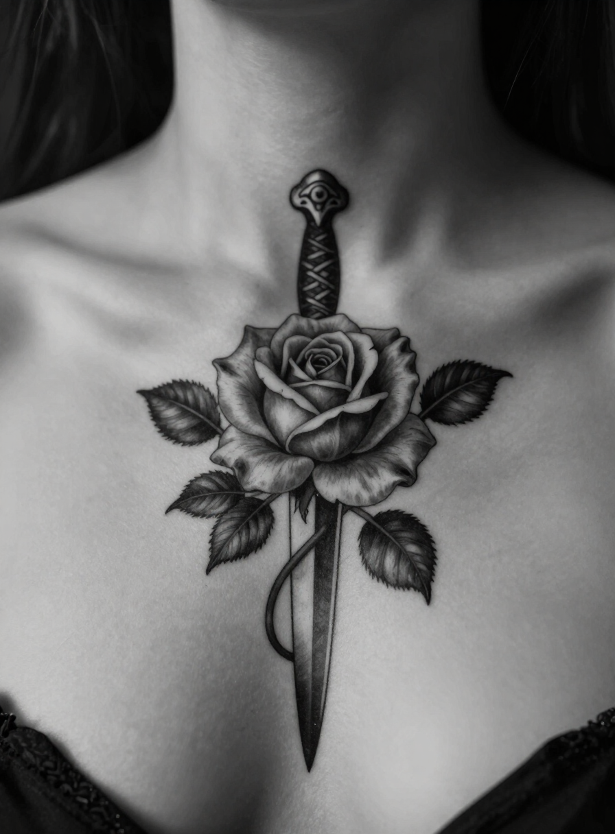Rose and dagger tattoo across a woman’s upper chest and collarbone