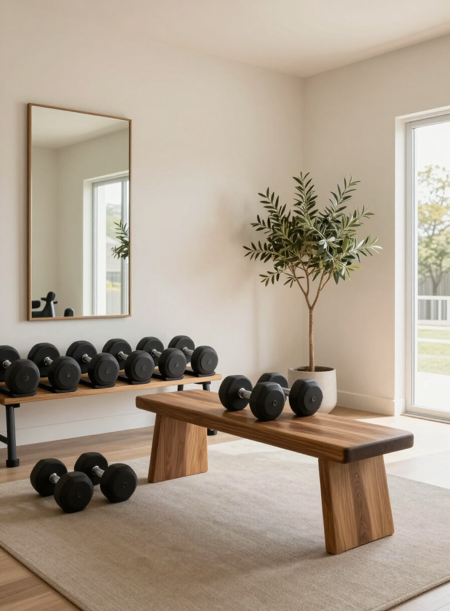 Bright home gym with matte black dumbbells, a wood bench, and a wall mirror
