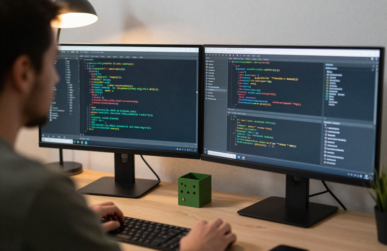 Développeur analysant du code et des tableaux de bord sur deux écrans