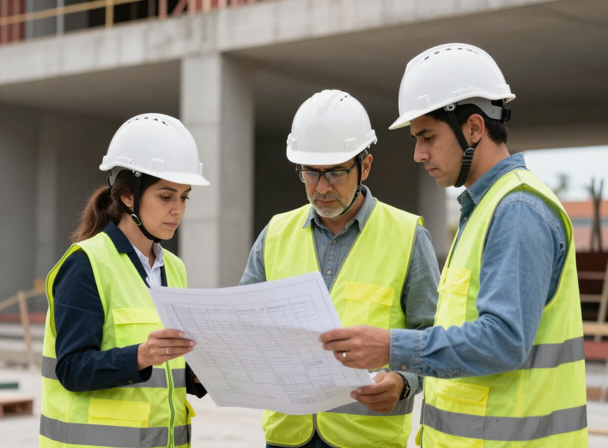 Equipo de Framati Construcciones revisando planos en obra