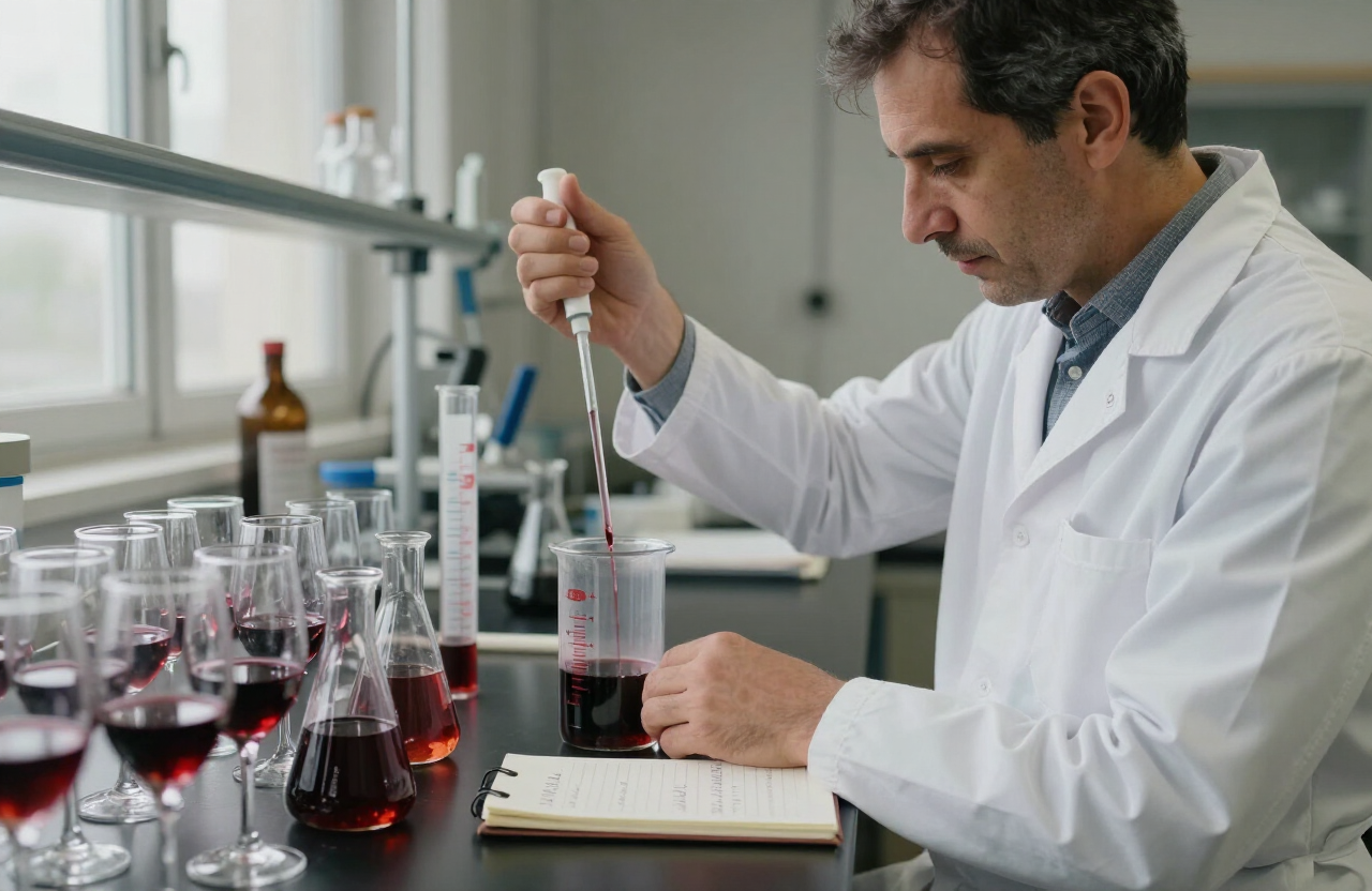 Enólogo midiendo muestras de vino tinto con una pipeta en el laboratorio de una bodega