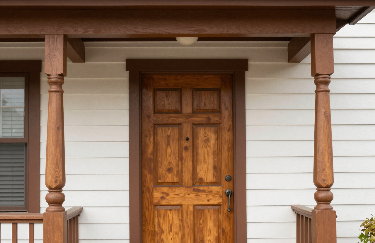 Hasbrouck Heights NJ bungalow porch detail with warm brown trim and stained wood door
