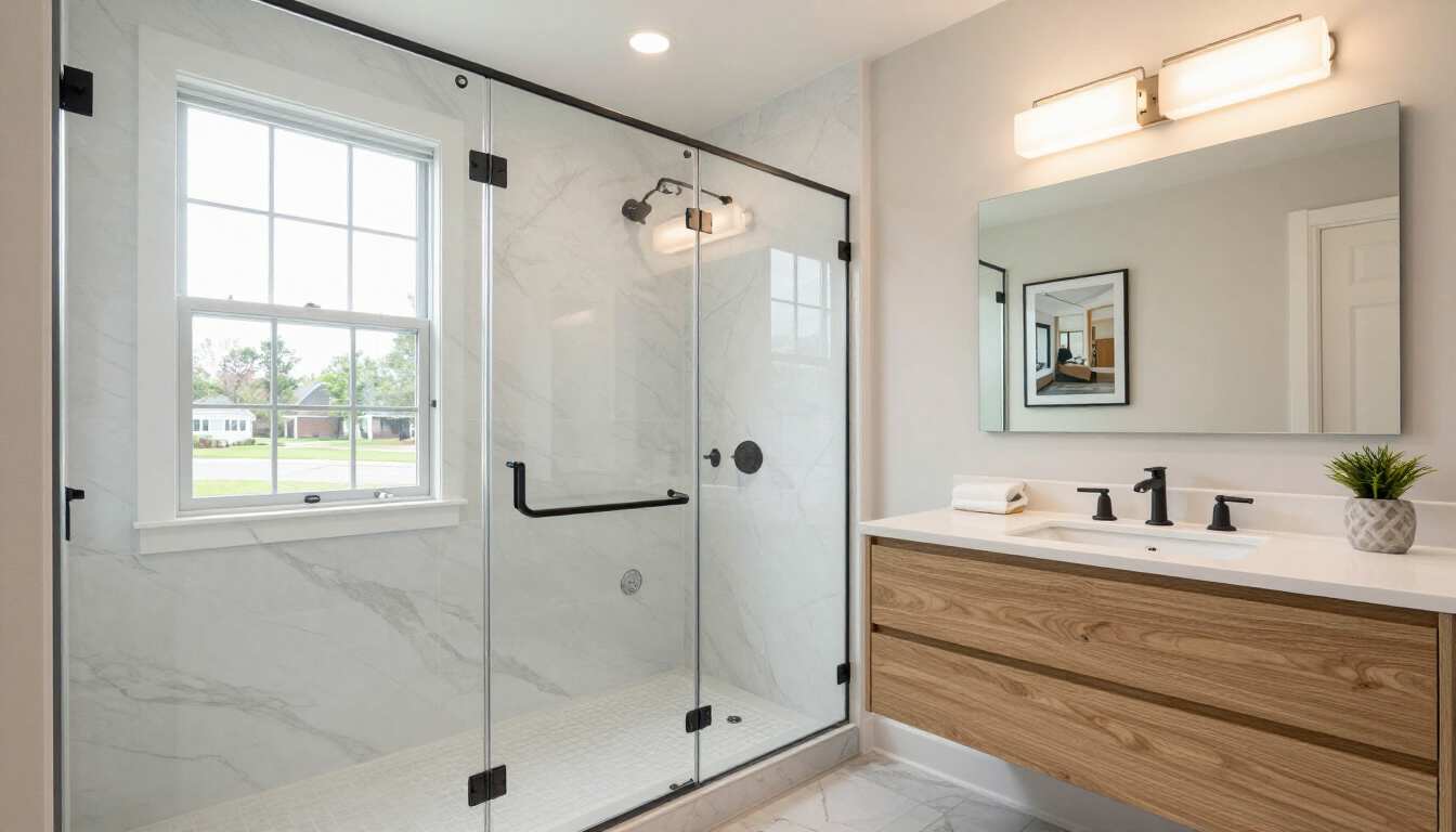 Remodeled primary bathroom with a frameless glass walk-in shower and floating oak vanity