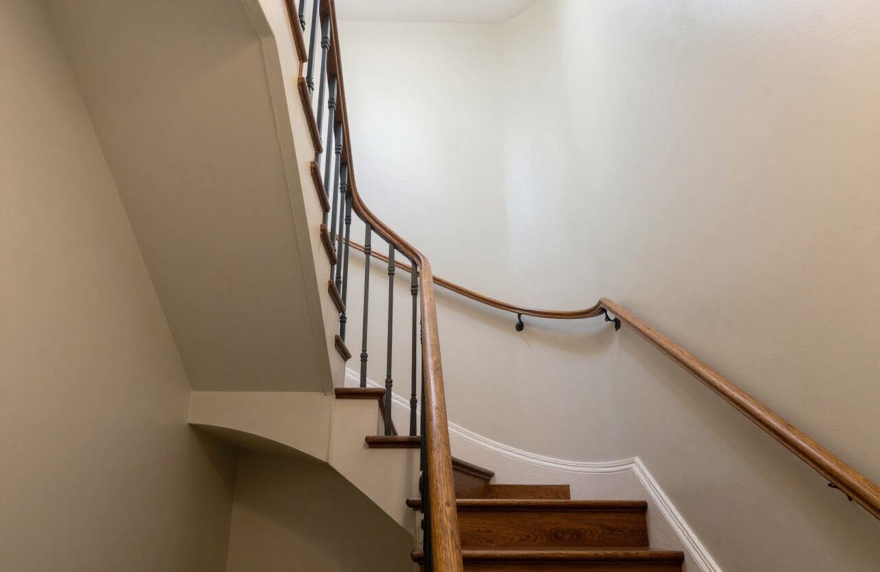 Two-story townhouse stairwell before painting in Secaucus NJ with scuffed angled walls