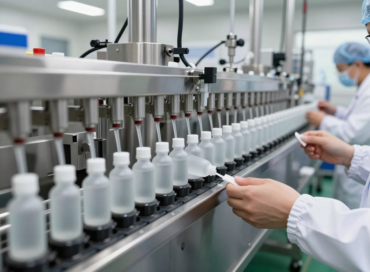 ขั้นตอนผลิตเซรั่ม OEM ในโรงงานเครื่องสำอาง ไลน์บรรจุขวดอัตโนมัติในห้องคลีนรูม