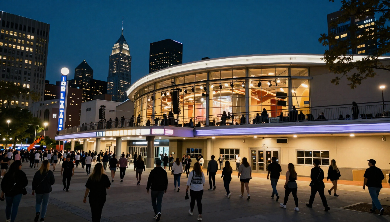 Concert arena lit up at night with fans walking nearby and city buildings in the background
