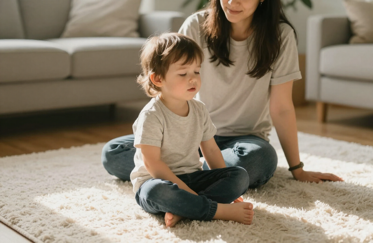 A child and caregiver sitting together, working through repeated worry with a calm, grounded presence.