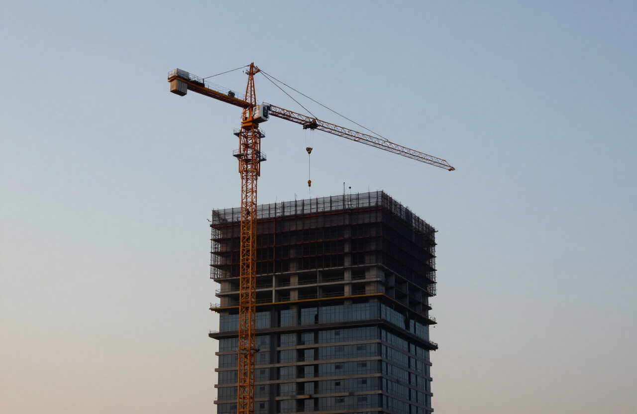 Construction cranes over a rising commercial tower in Bengaluru at dawn