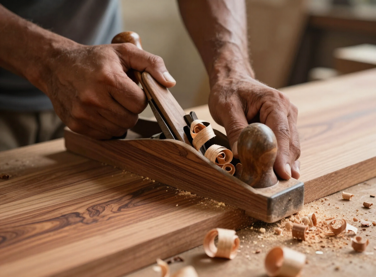 Carpenter's hands planing a Sagwan teakwood plank in the Shri Balaji workshop