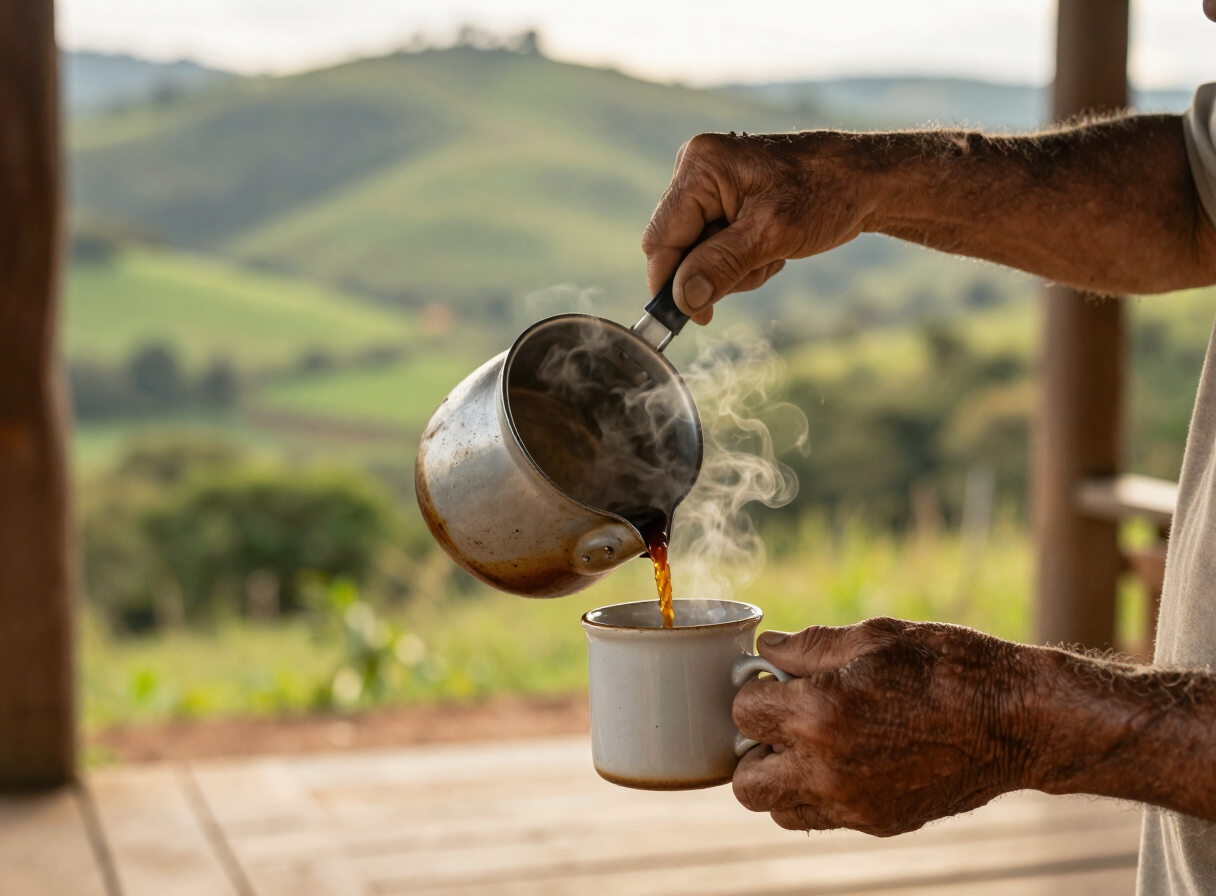 Mãos do Augusto servindo café coado na varanda, com as montanhas ao fundo
