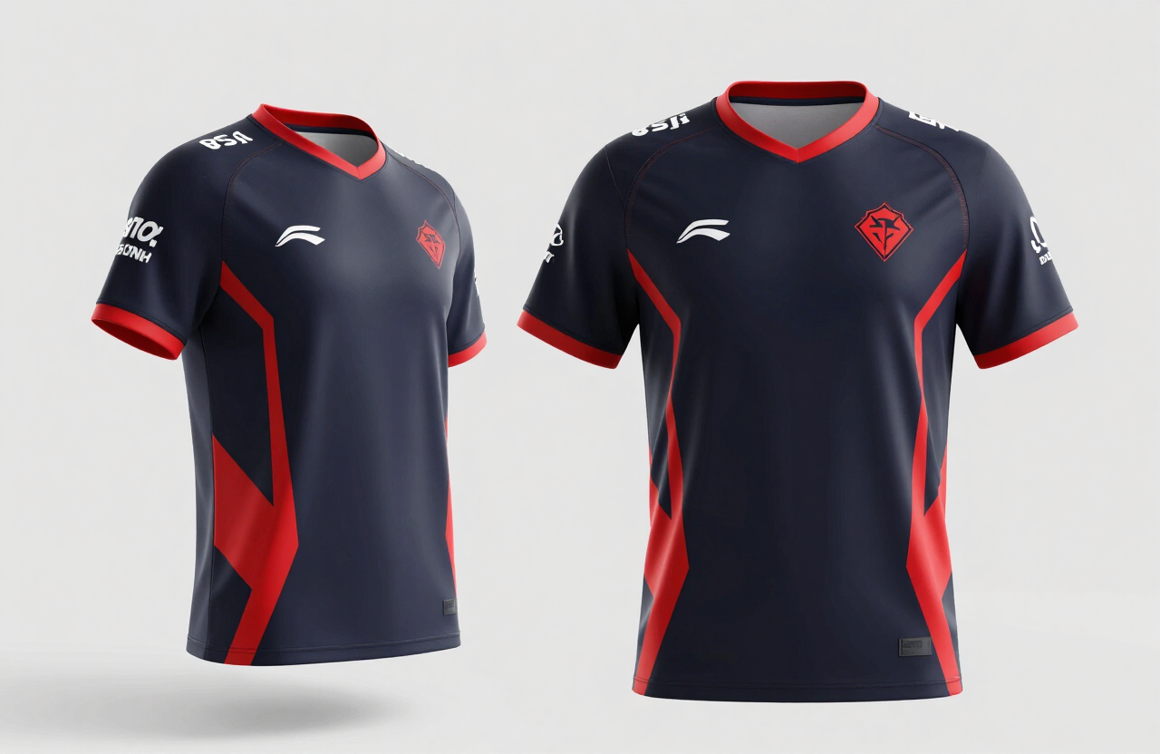 Custom black and navy esports jersey with red geometric accents