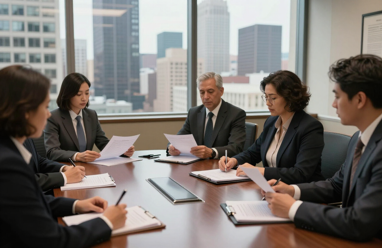 Lawyers preparing for trial with exhibits and legal pads in a glass conference room overlooking the Kansas City skyline