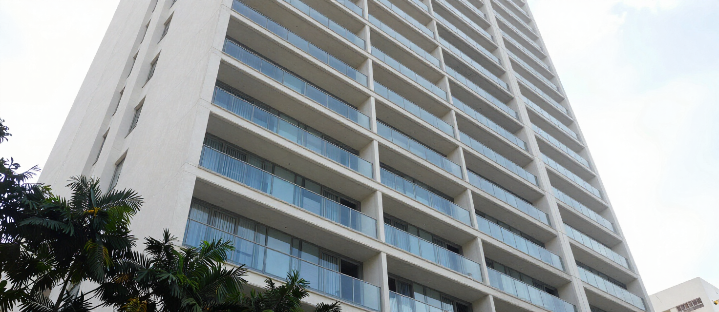 Arquitetura de um condomínio moderno com fachada de concreto e vidro