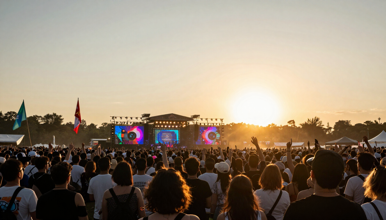 Crowd at an outdoor music festival with colorful stage lighting during sunset