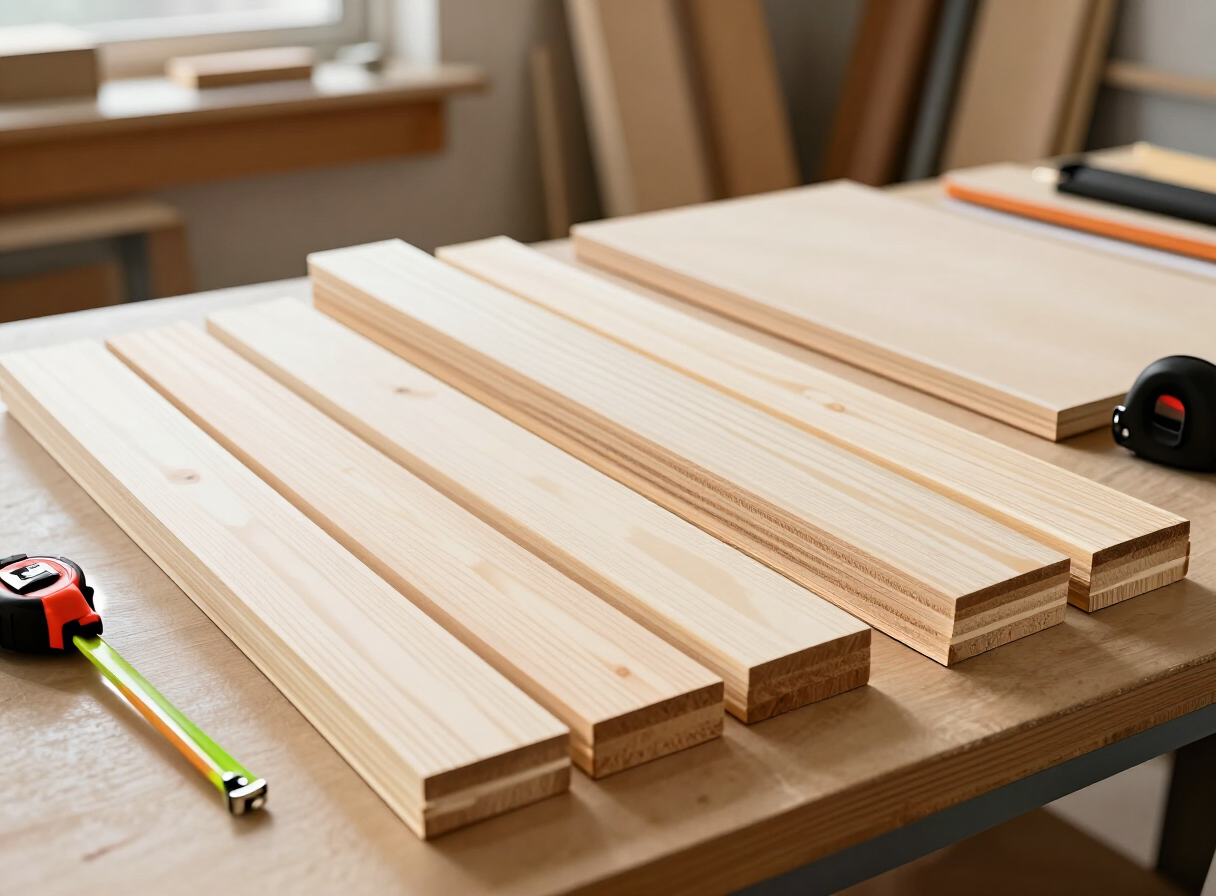 A selection of affordable beginner lumber — straight pine boards, a sheet of birch plywood, and construction studs arranged on a workbench with a tape measure and pencil nearby, warm natural light