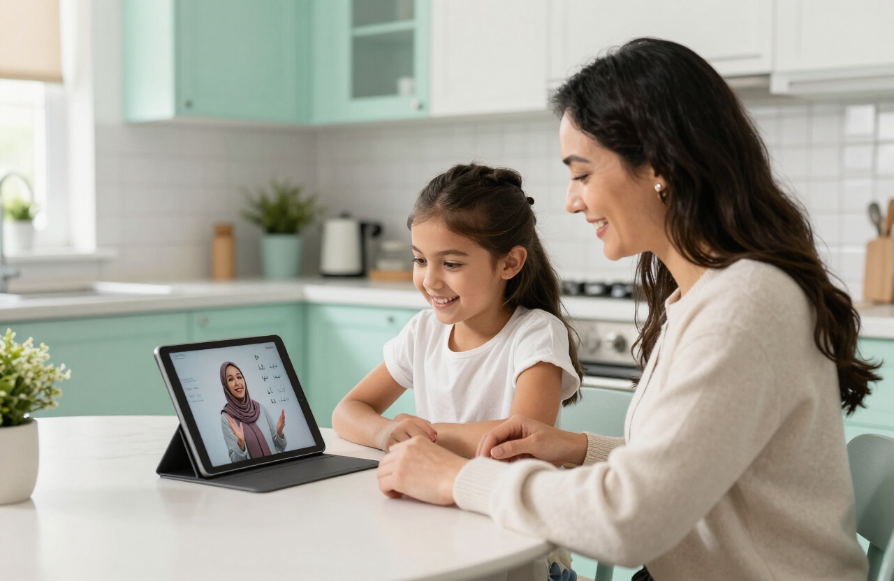 A mother and daughter learning Arabic together