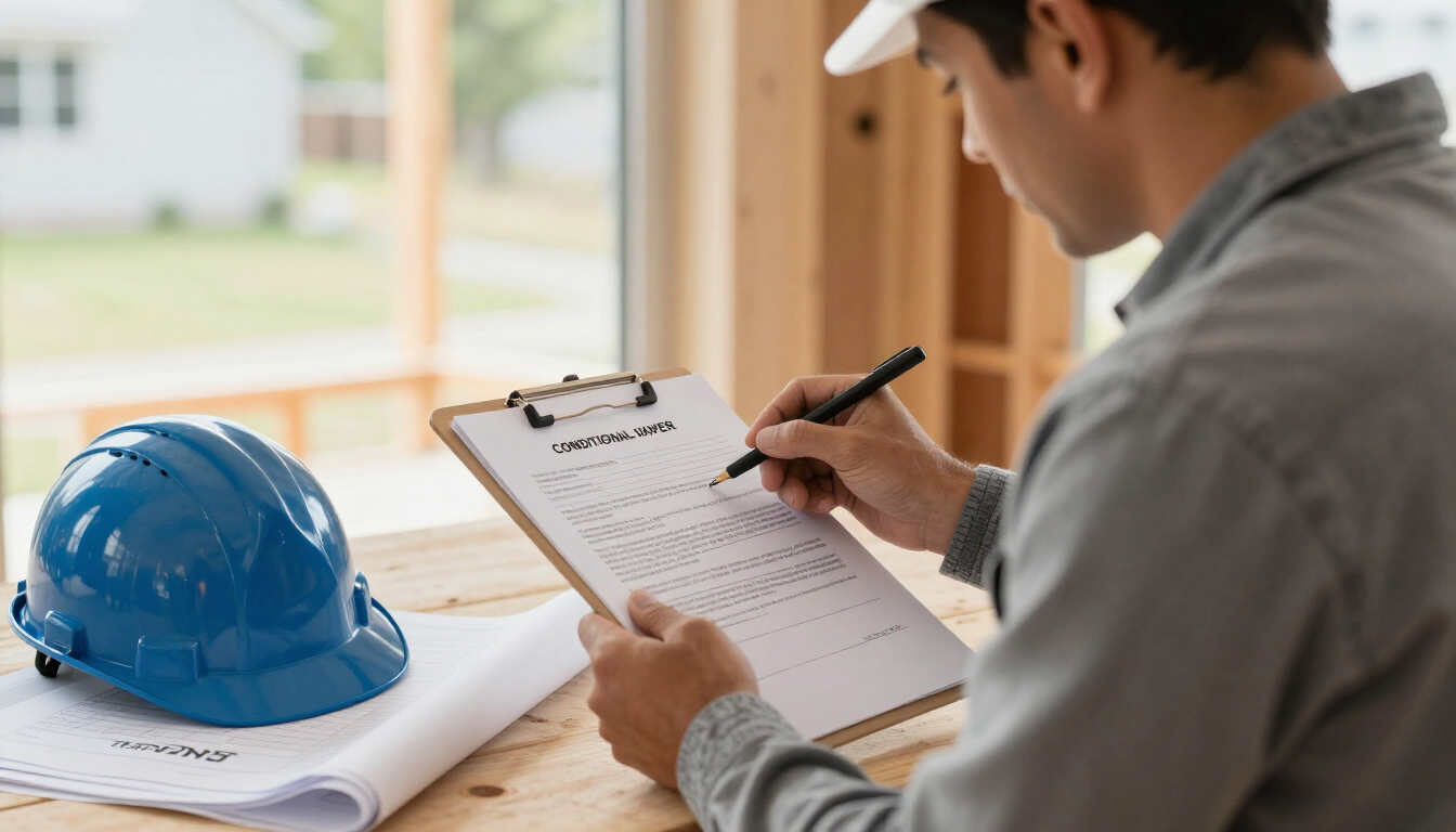 A contractor reviewing a conditional lien waiver on a clipboard at a residential job site