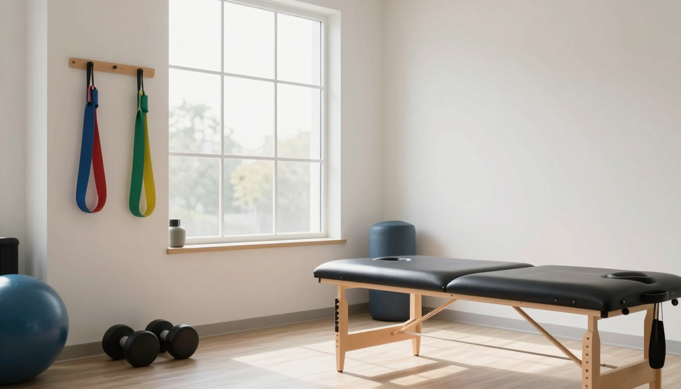 A physical therapy room with exercise bands, weights and a treatment table in soft daylight