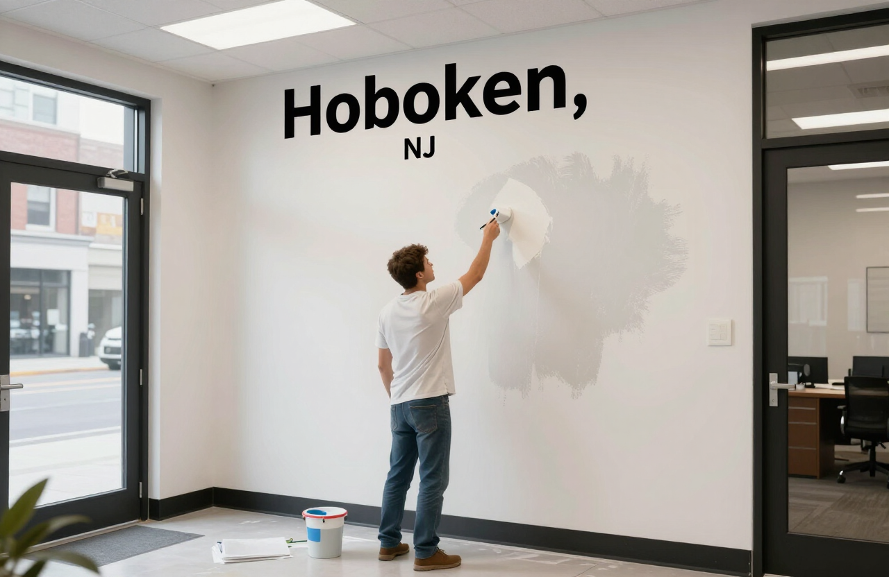 Illustrative commercial interior painter refreshing the walls of a small Hoboken office or retail space on Washington Street
