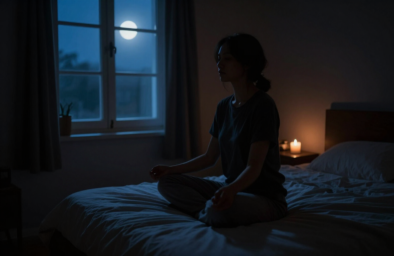 Pessoa meditando sentada na cama à noite, luz da lua entrando pela janela