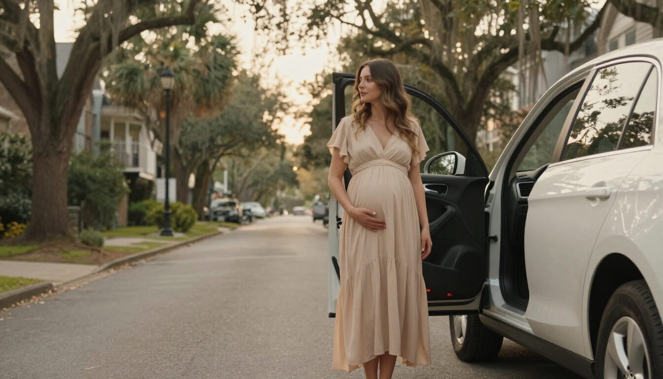 Expecting mother in a flowing dress beside her car at golden hour