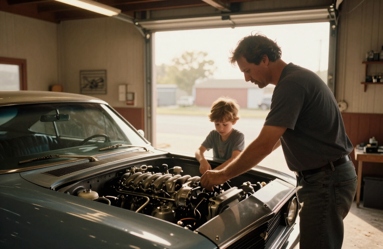 Father and son working on a classic muscle car engine in a Detroit garage
