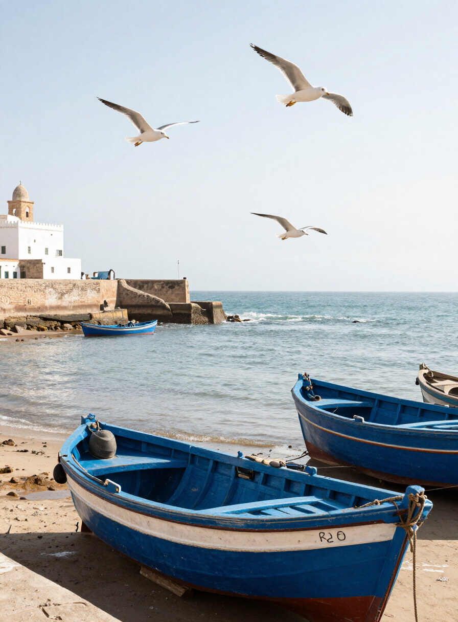 Blue wooden fishing boats in the port of Essaouira with seagulls overhead