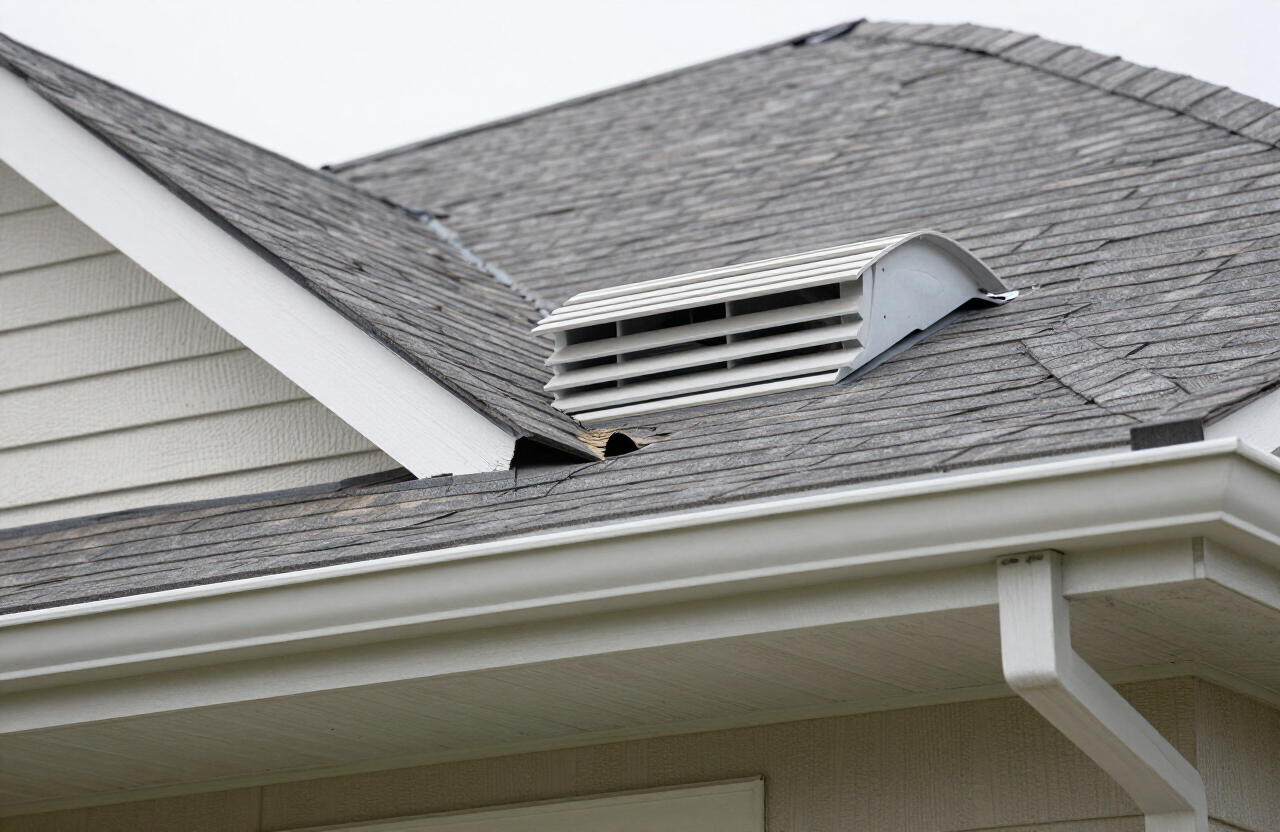 Inspection of a possible squirrel entry point near a roof soffit and vent on a Houston-area home