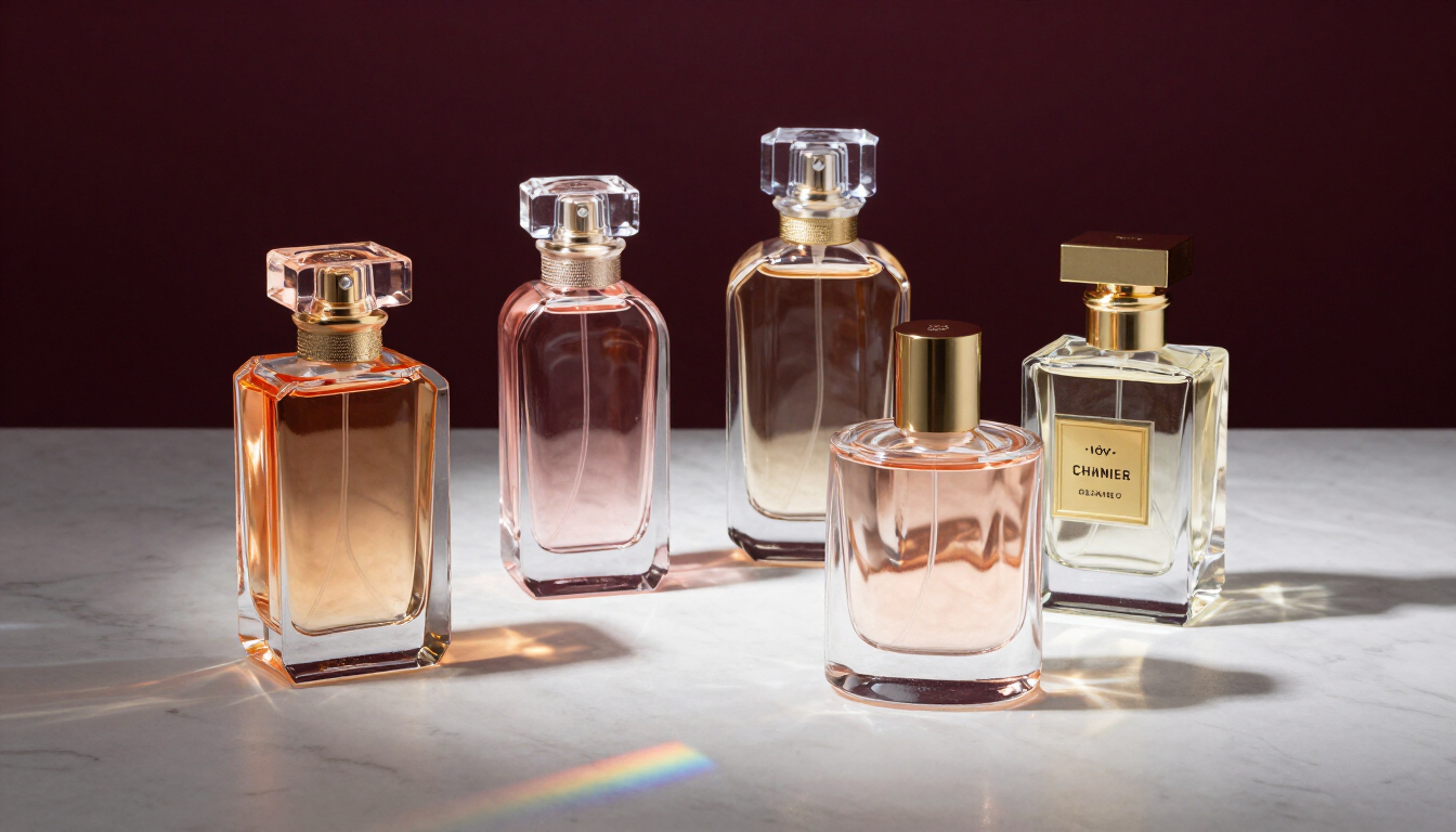 Fragrance bottles on marble with light refraction against a deep plum backdrop