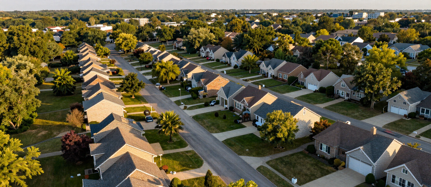 Aerial view of tree-lined suburban streets in Overland Park, Kansas
