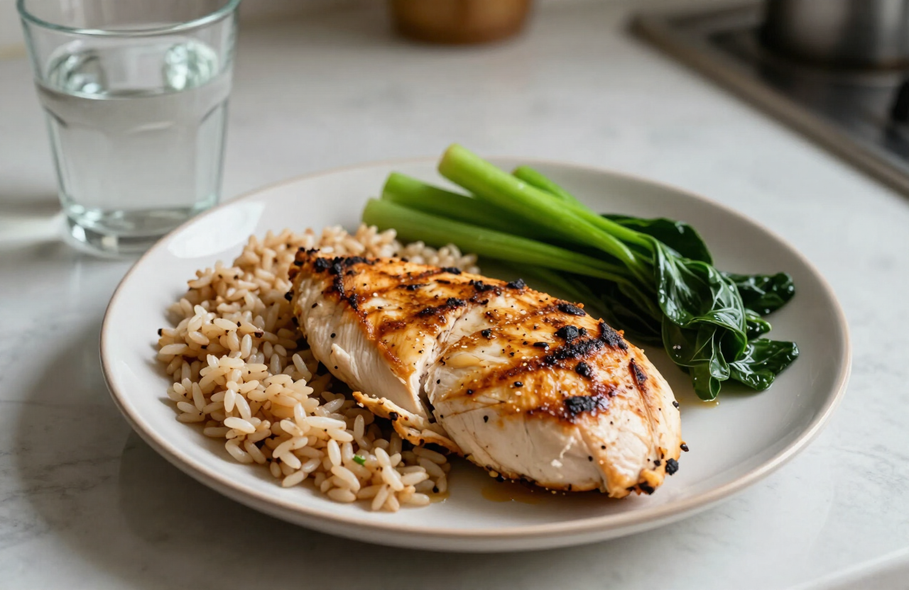A simple post-workout meal with salmon, vegetables, and sweet potato