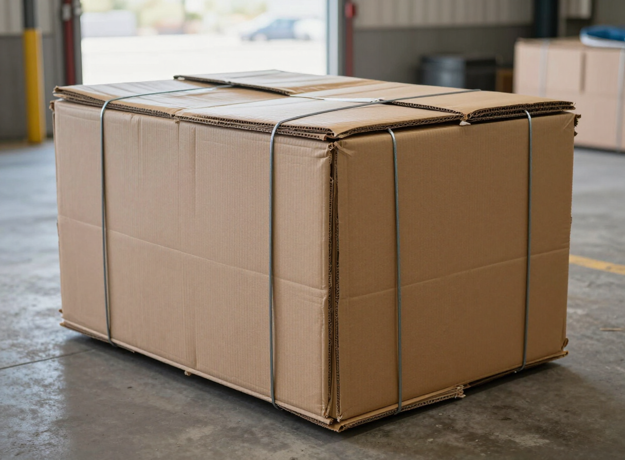 A compressed corrugated cardboard bale bound with wire straps on a warehouse floor