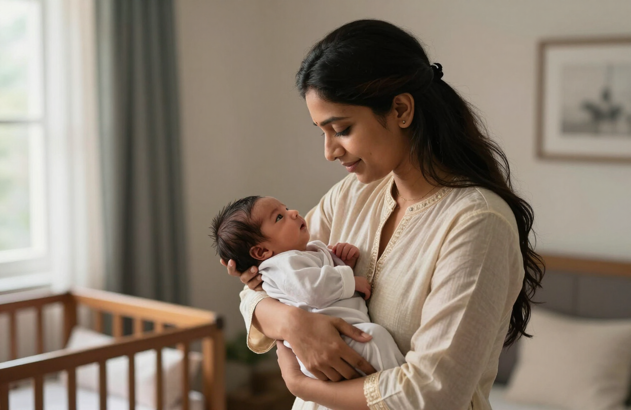 Young Indian parents cradling their newborn baby at home
