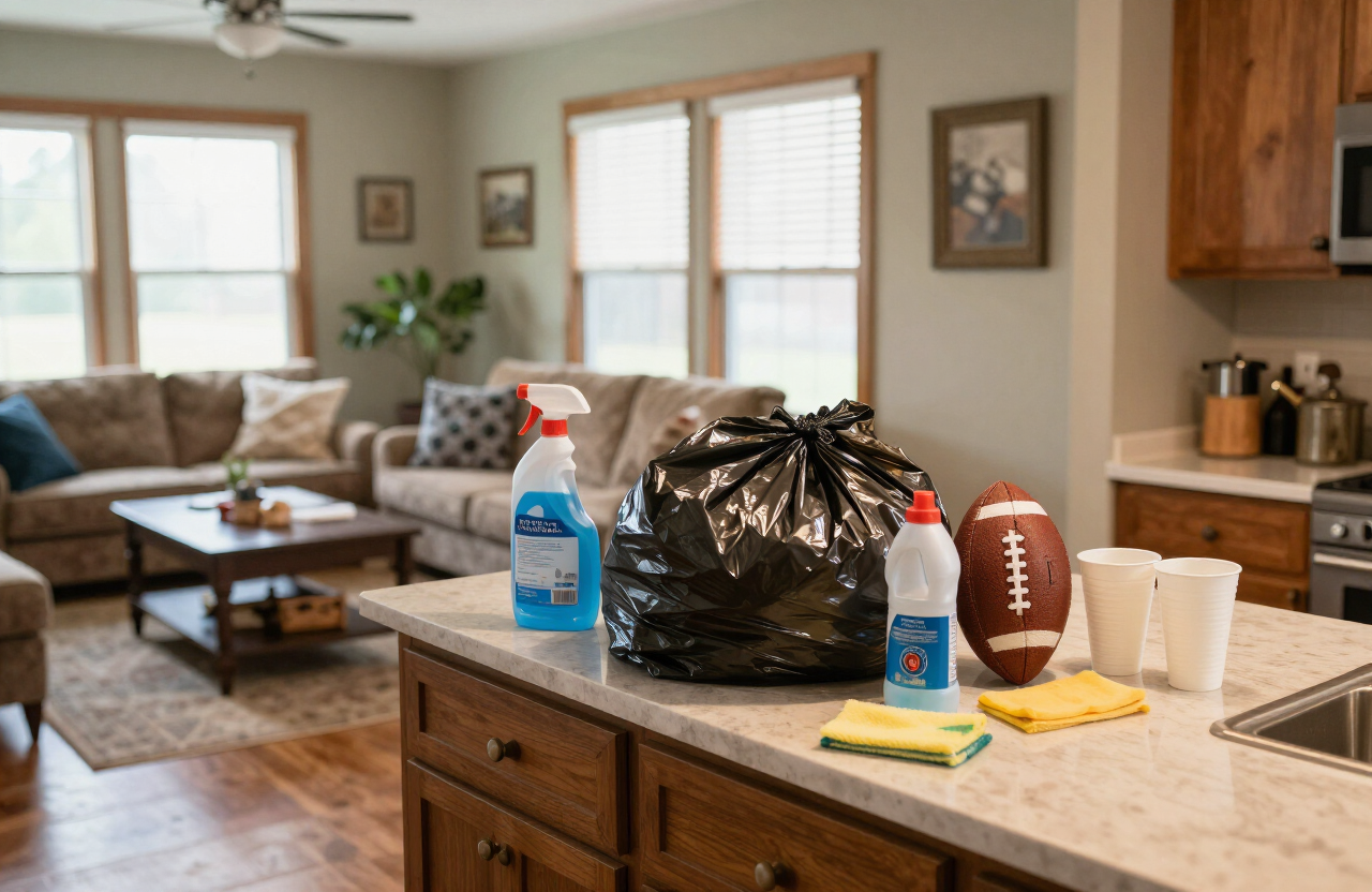 Columbia Missouri living room and kitchen being cleaned up after a football watch party