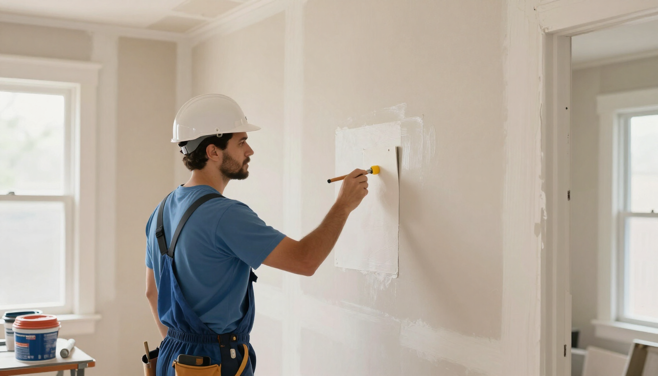 Illustrative drywall and plaster repair specialist patching and skim-coating a wall inside an Englewood NJ home