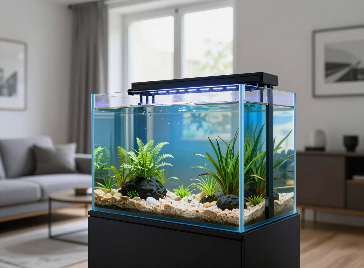 Aquarium planté d'eau douce dans un intérieur lumineux