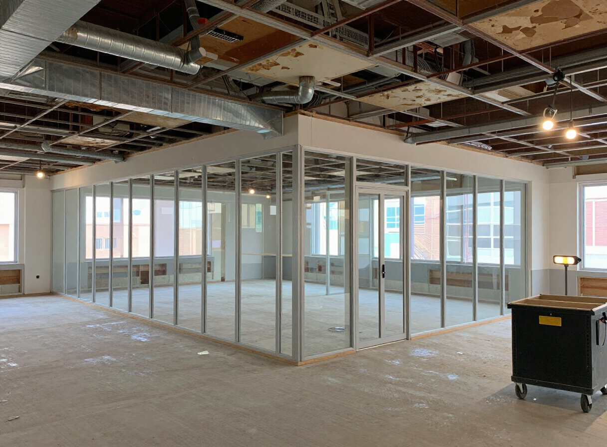 Charlotte office renovation in progress, with ceiling tiles removed and glass partition frames being installed
