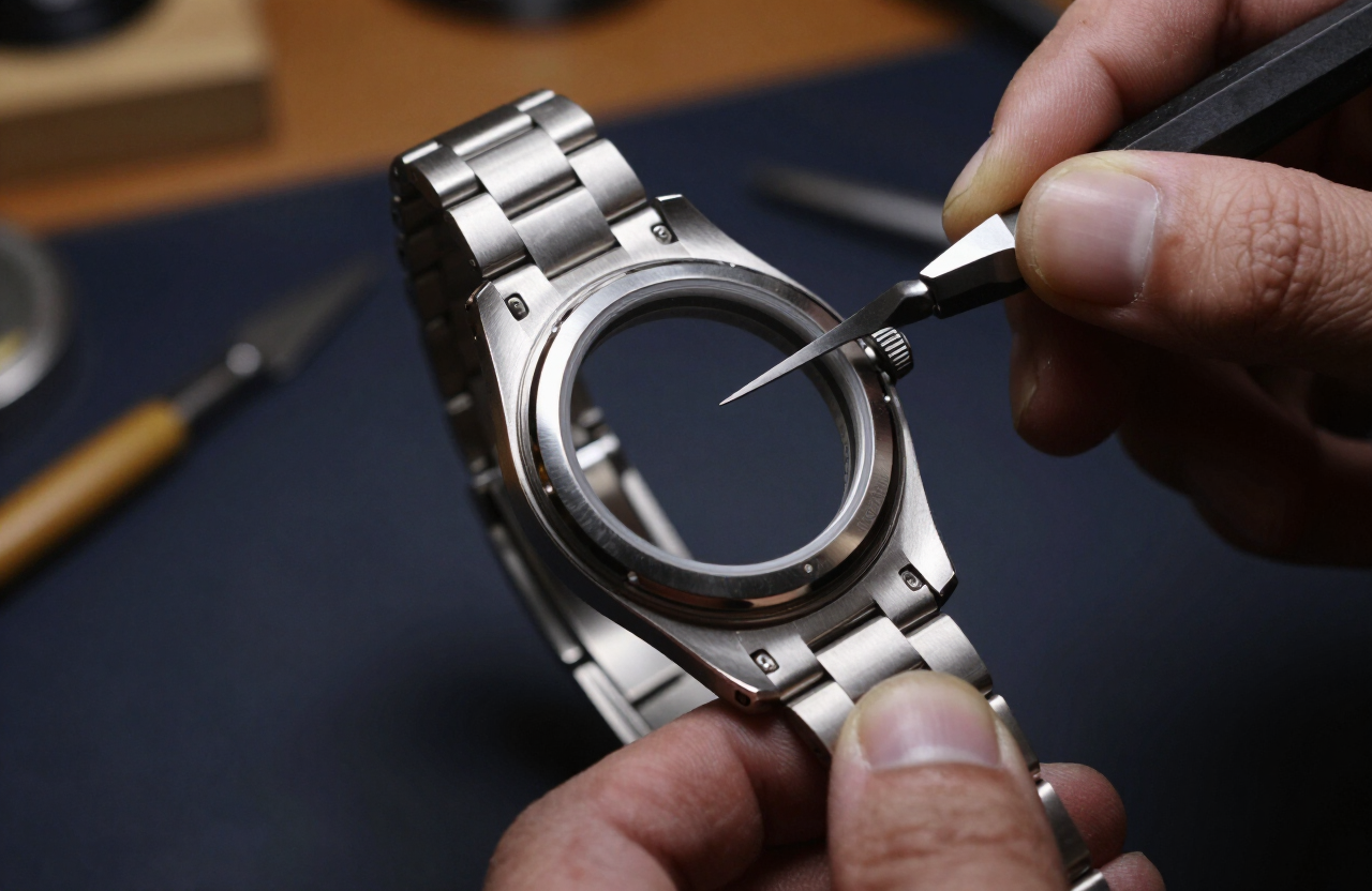 Boîtier et bracelet en acier poli tenu par une main gantée d’horloger