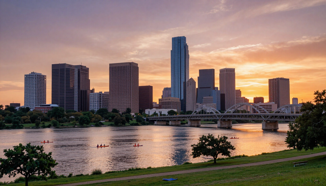Austin Texas skyline at sunset viewed across Lady Bird Lake with Congress Avenue Bridge and green parkland