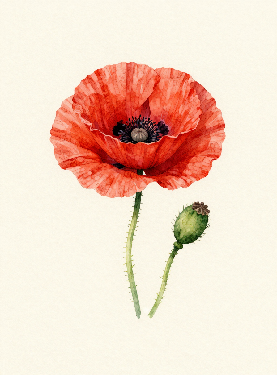 Watercolor painting of a crimson Poppy