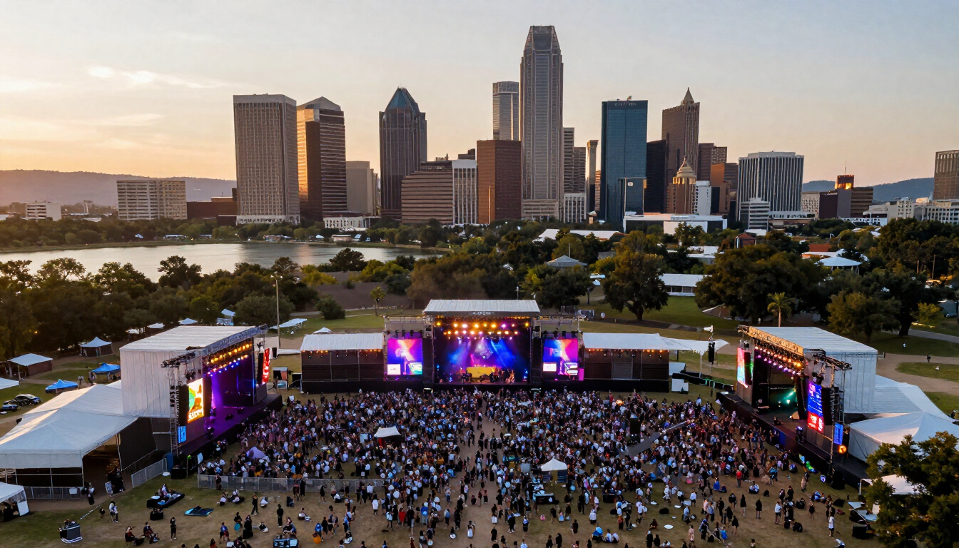 Aerial view of Austin City Limits festival at Zilker Park with downtown Austin skyline and Lake Lady Bird in background