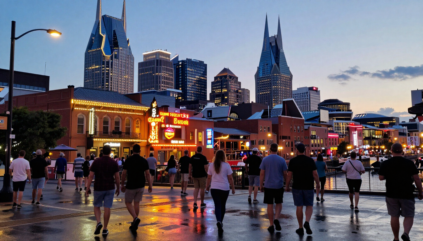 Downtown Nashville skyline and Lower Broadway near major concert venues at dusk.