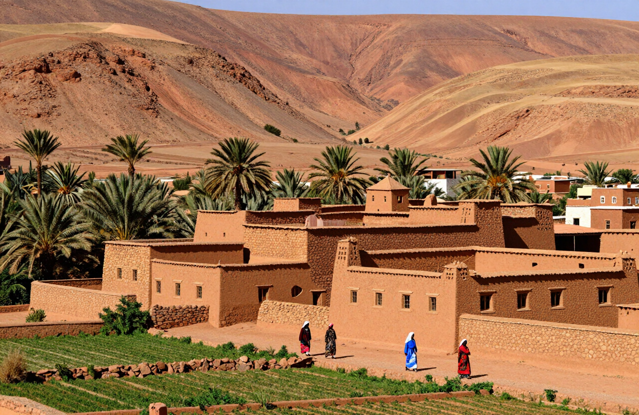 A traditional Amazigh village of mud-brick and stone houses near Nkob, southern Morocco, with arid red-brown mountains behind