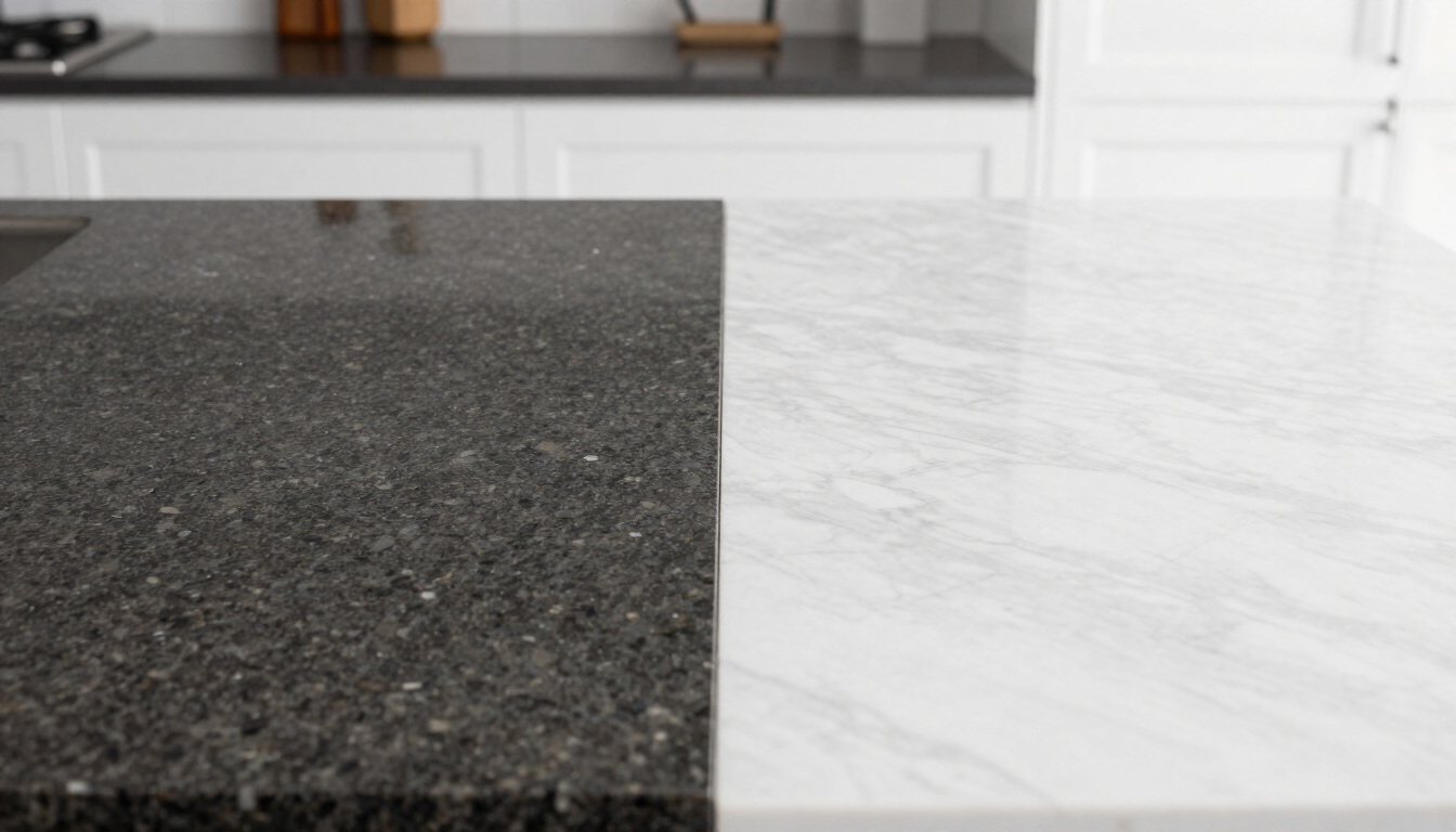 Modern kitchen showcasing quartz and granite countertop options side by side with white cabinetry