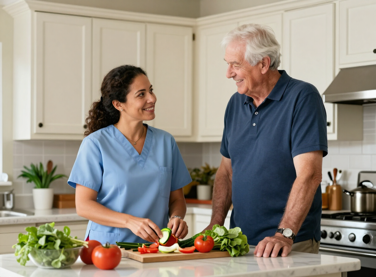 A home caregiver and an older man preparing fresh food in his kitchen