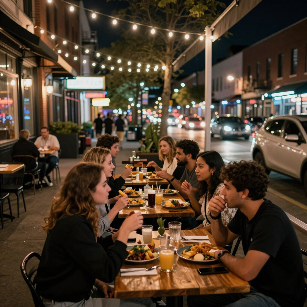 Group of friends enjoying an outdoor sidewalk dinner in a lively downtown entertainment district at night