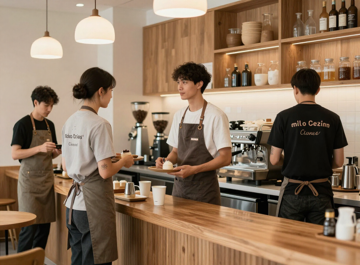 Hospitality staff in branded aprons and uniforms in a Melbourne cafe