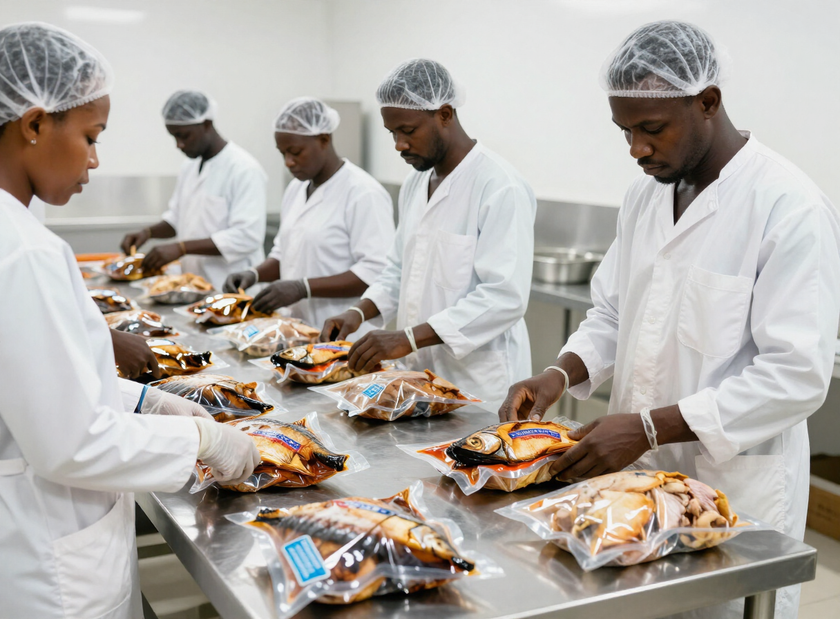 Workers vacuum-packing smoked catfish in the GALATSIX processing unit